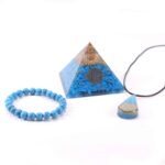 Communication and Calm, 3-in-1 Set - Protective Orgonite Pyramid + Orgonite Pendant + Turquoise Bracelet