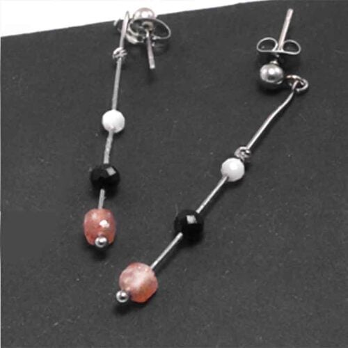 Long “Light and Shadow” Earrings with Sunstone, Moonstone and Black Tourmaline - Image 5