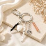 “Light and Shadow” Keychain with Sunstone, Black Tourmaline, Moonstone, Mother of Pearl and the Tree of Life