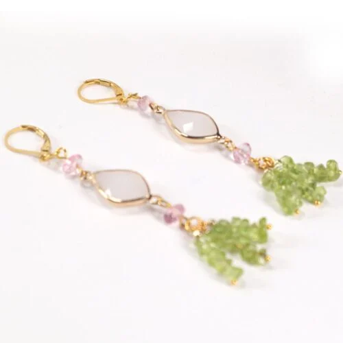 Spring Fairy, Earrings, Peridot, Cherry Quartz, Chips, Crystal - Image 4