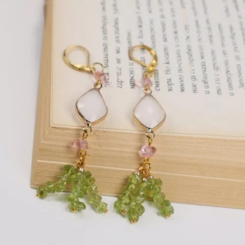 Spring Fairy, Earrings, Peridot, Cherry Quartz, Chips, Crystal - Image 8