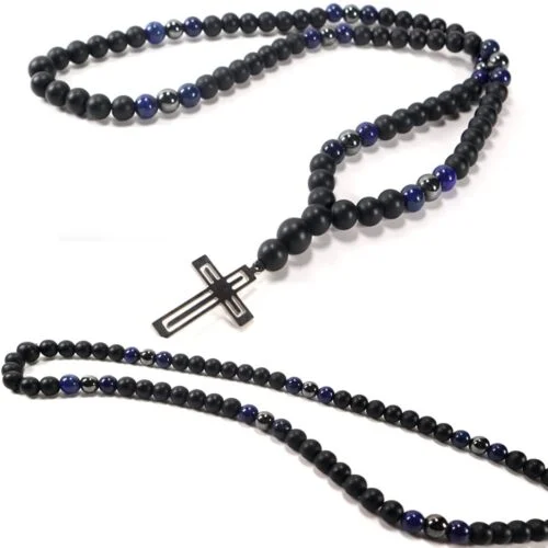 Centaur, Men's Necklace, Matte Onyx, Lapis Lazuli, Hematite, Steel Cross - Image 7
