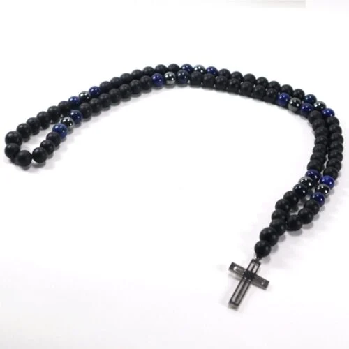 Centaur, Men's Necklace, Matte Onyx, Lapis Lazuli, Hematite, Steel Cross - Image 10