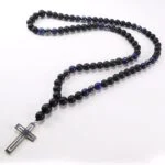 Centaur, Men's Necklace, Matte Onyx, Lapis Lazuli, Hematite, Steel Cross - Image 4